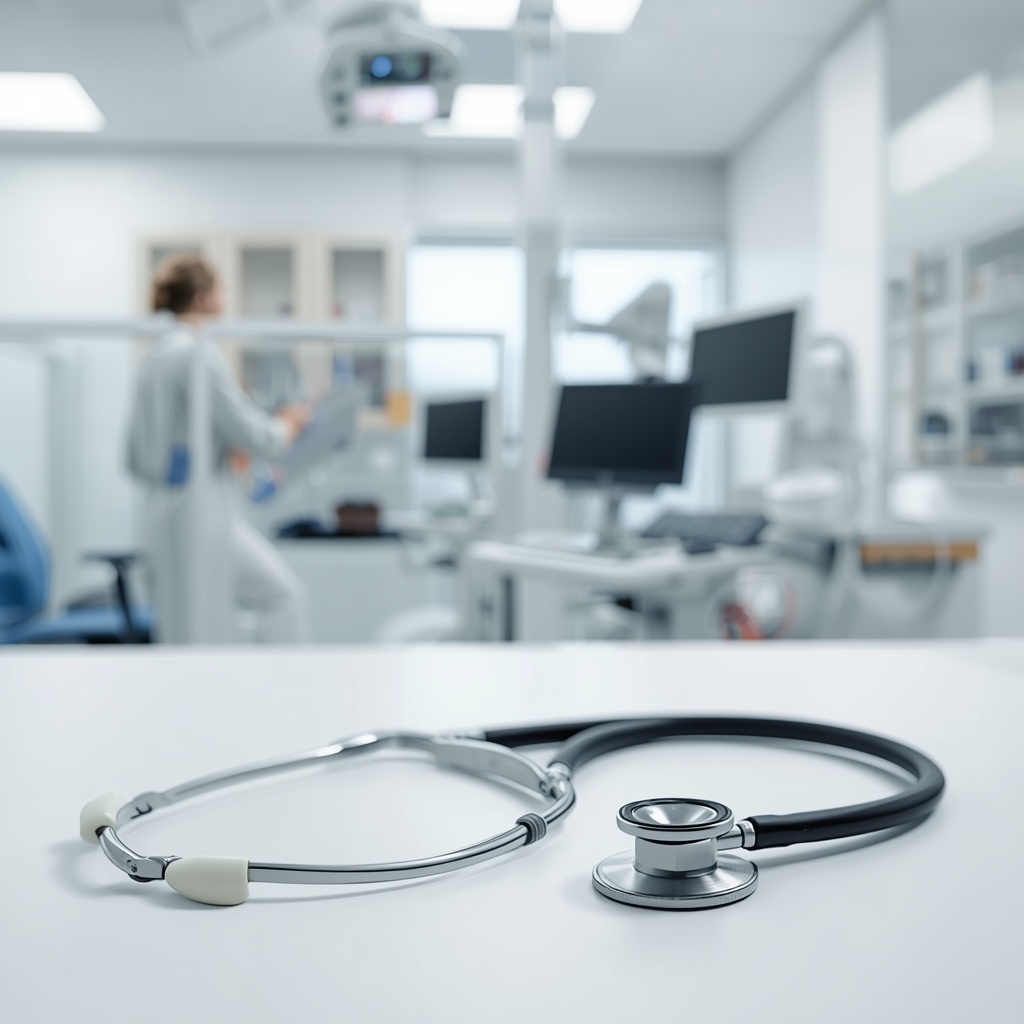 A modern veterinary clinic examination room with medical equipment and a stethoscope